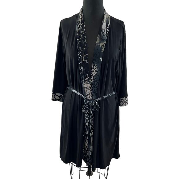 JOSIE Natori Black Robe Leopard Print Open Front Tie Waist Long Sleeve Size L - Picture 1 of 9